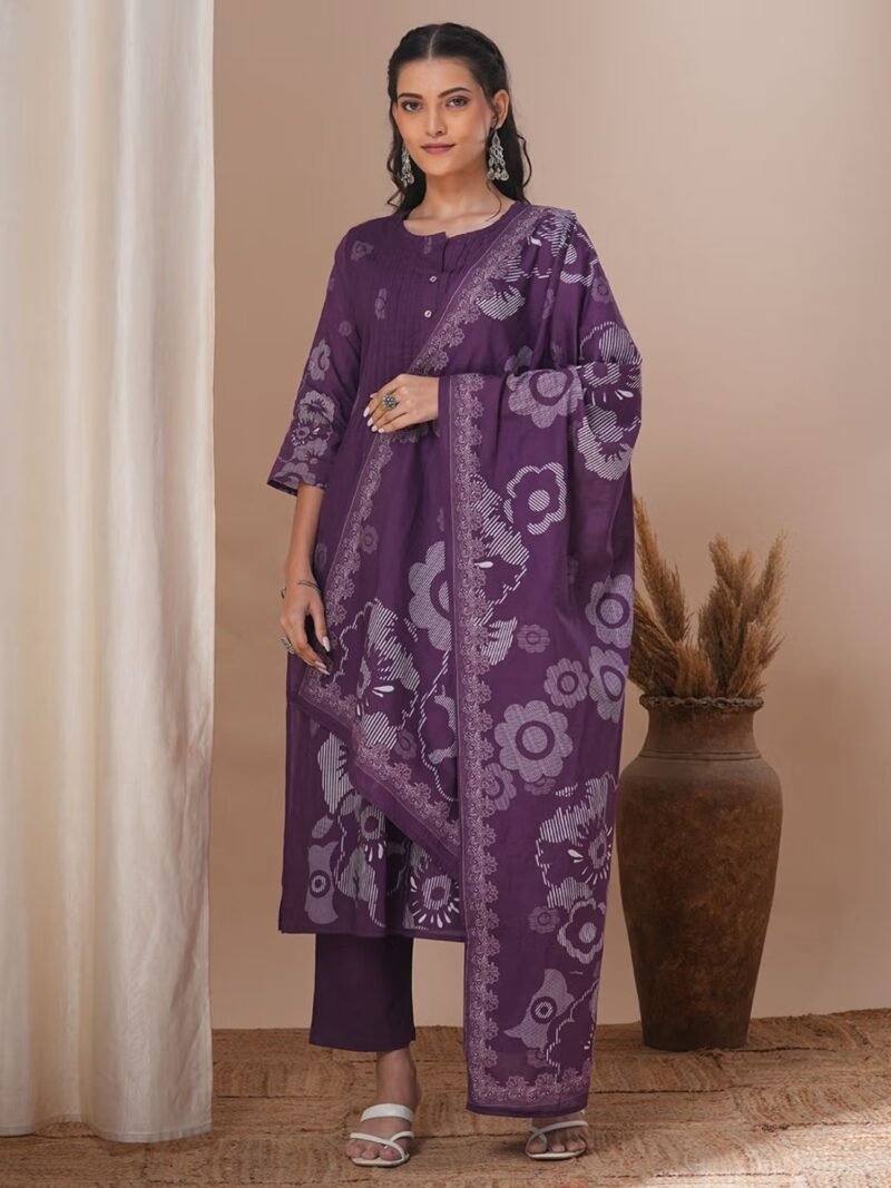 Purple Woolen Floral Printed Kurta with Pant