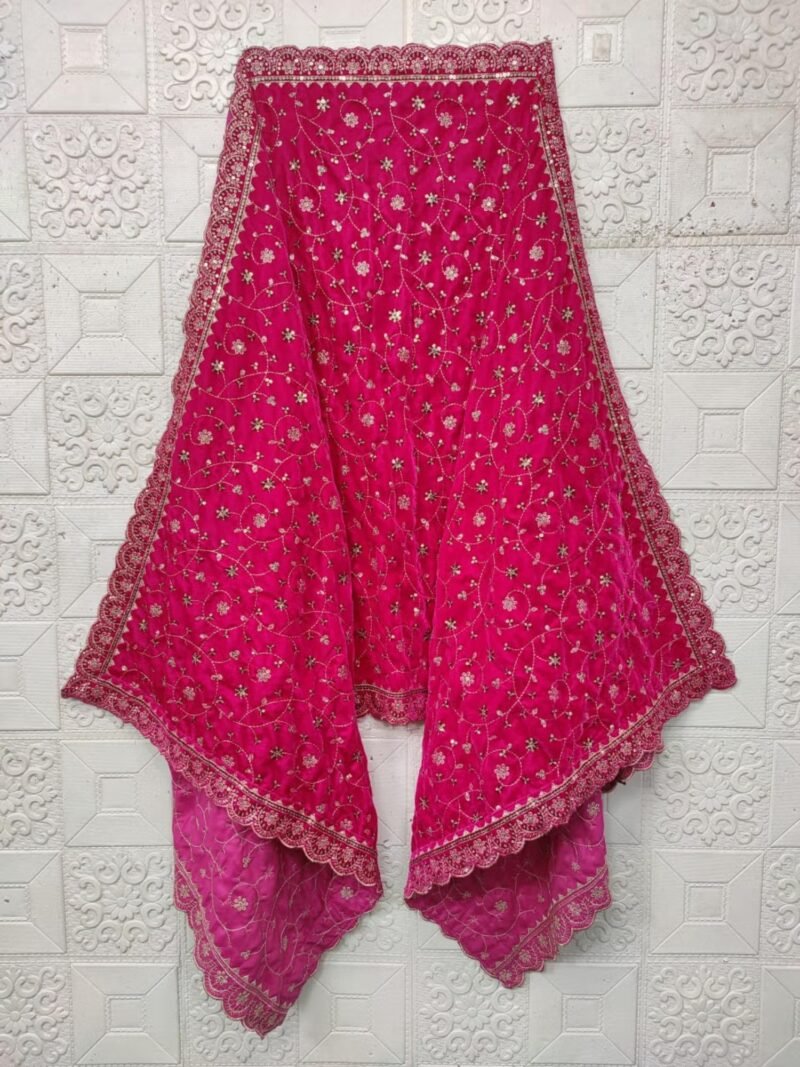 Velvet Heavy All Over Floral Embellished-Sequined Scallop Bordered Pink Dupatta