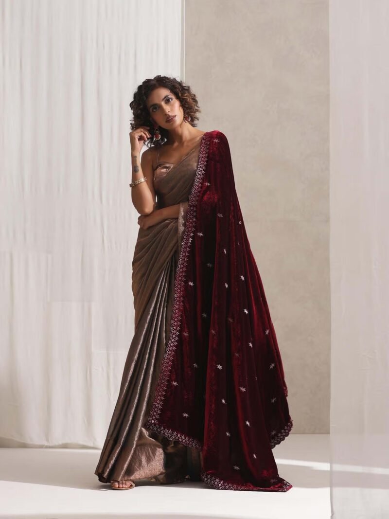 Maroon Velvet Shawl with Silver Embroidery
